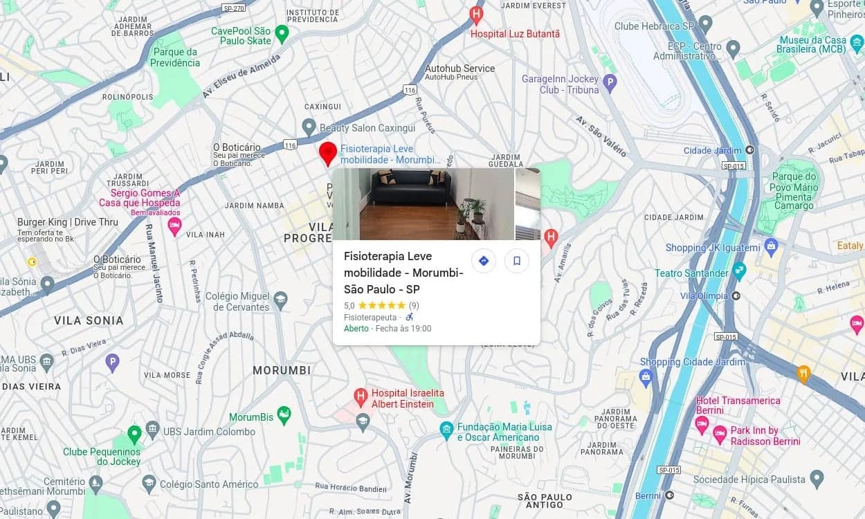 Mapa do Google mostrando a localização do consultório entre o Morumbi e a Vila Progredior, em São Paulo